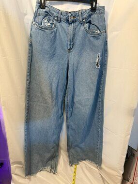 Vans Size 29 Wide Leg Jeans Light Wash Raw Hem | Y2K Skater Grunge Relaxed Denim
